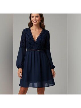 Guipure Lace Insert Lantern Sleeve Chiffon Dress Blue
